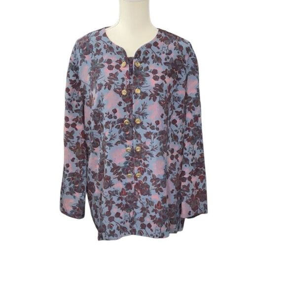 Leslie Fay Dress Jacket Double Breasted Buttons Purple Blue Floral Print Size 18 - Picture 1 of 6
